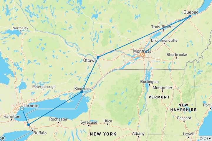 Carte du circuit Ontario et Canada français (6 destinations)