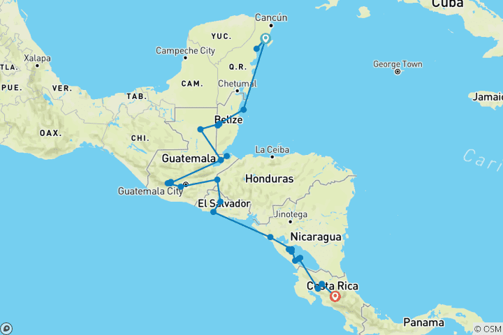 Mapa de Viaje de ida y vuelta por Centroamérica: selva tropical y ruinas