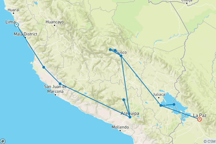 Map of Lima to La Paz: Sandboarding & Sunsets