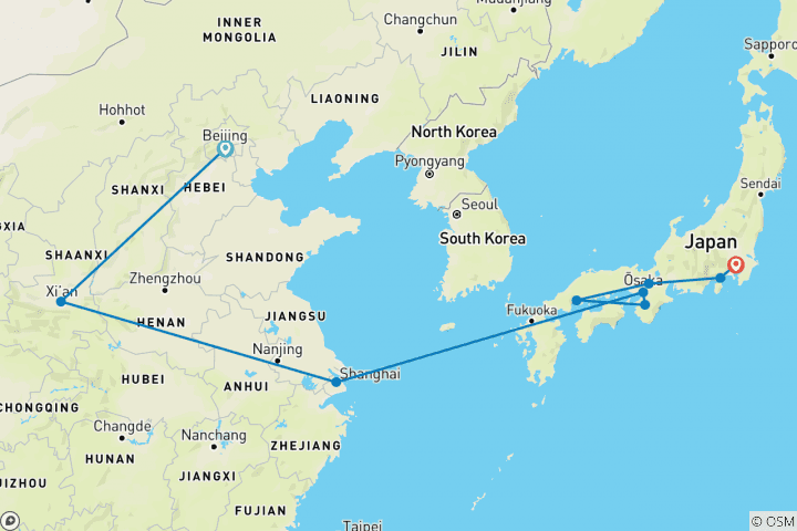 Carte du circuit De Pékin à Tokyo : la Grande Muraille de Chine et le mont Fuji