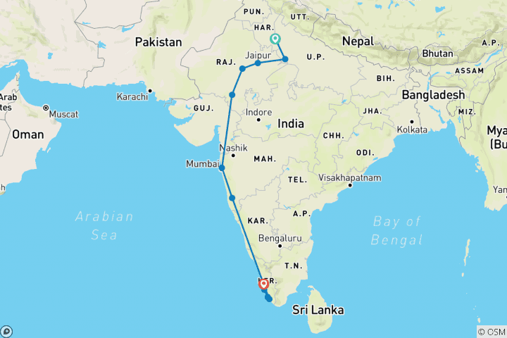 Map of North to South India: The Taj Mahal & Goa Good Times