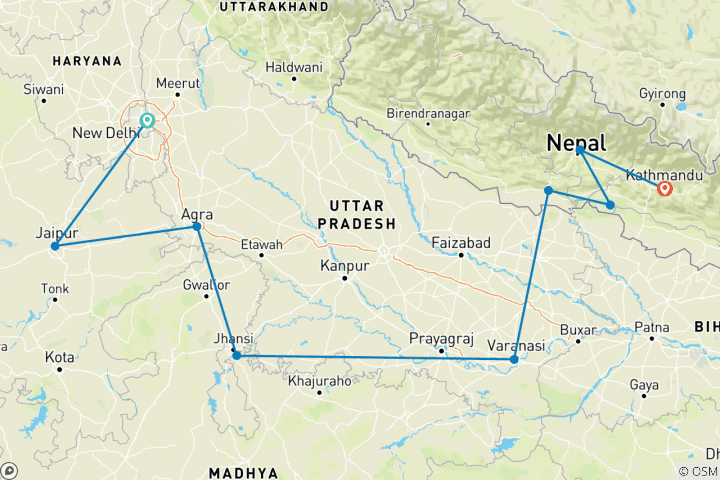 Map of Delhi to Kathmandu Adventure