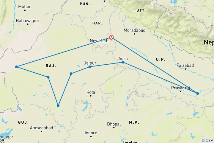 Map of Rajasthan & Varanasi — Ancient Temples & the Taj Mahal