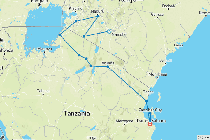 Map of Nairobi to Dar es Salaam 16 Days Overlanding Camping