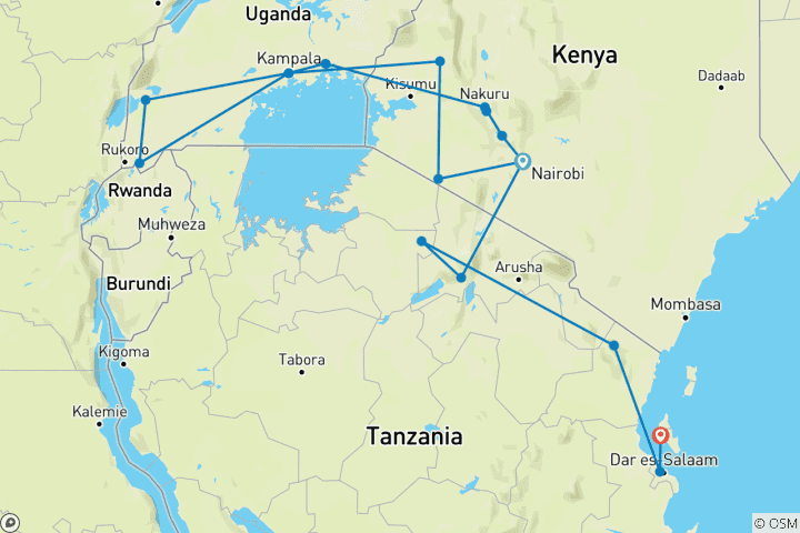 Map of Nairobi to Dar es Salaam 25 Days Overlanding