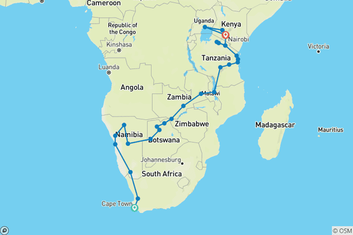 Map of Cape Town To Nairobi 57 Day Overland Tour