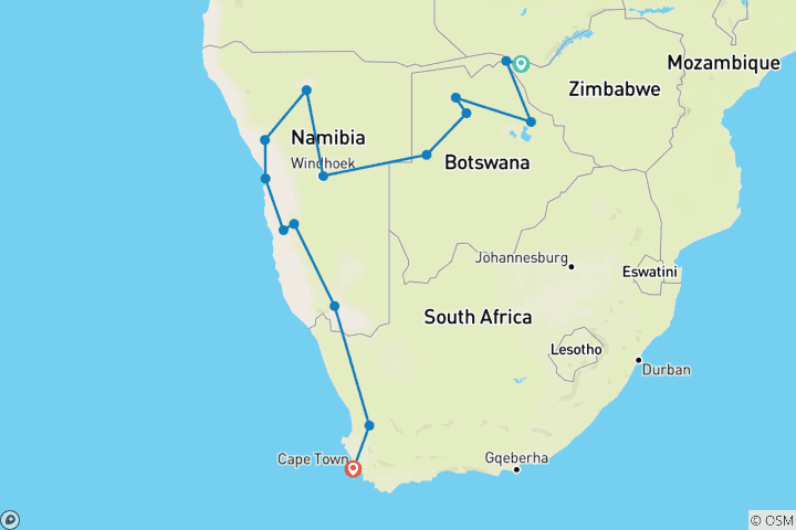 Carte du circuit Des chutes Victoria au Cap 22 jours d'Overlanding Camping