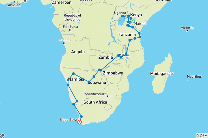 Carte du circuit De Nairobi au Cap 57 jours d'Overlanding