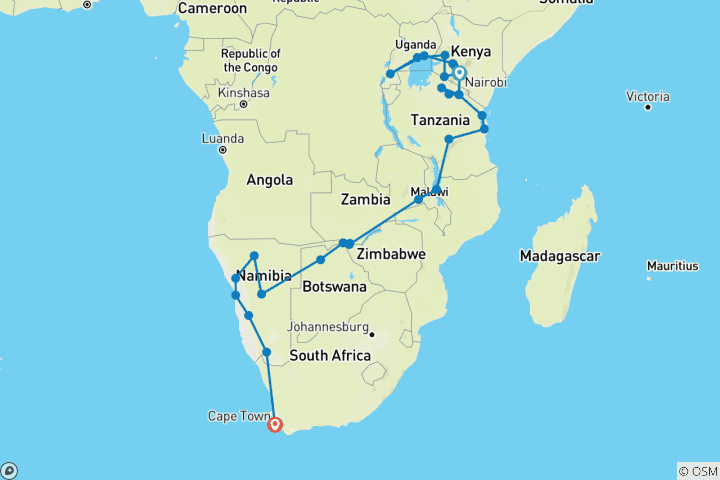 Map of Great African Trek | 57 Days Overlanding From Nairobi To Cape Town