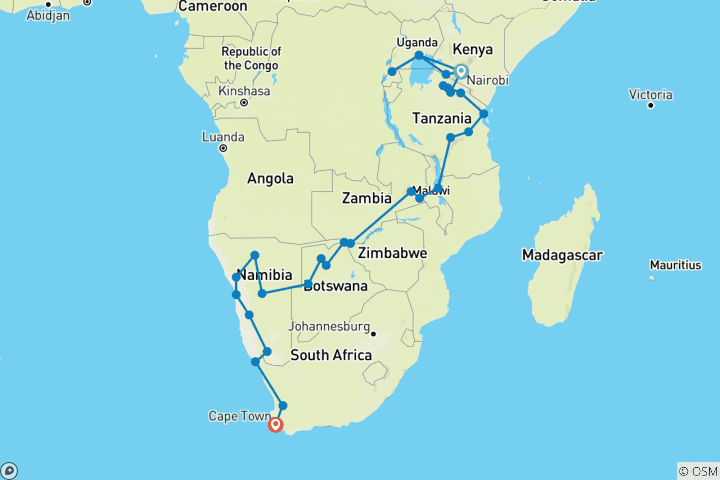 Carte du circuit De Nairobi au Cap 57 jours d'Overlanding