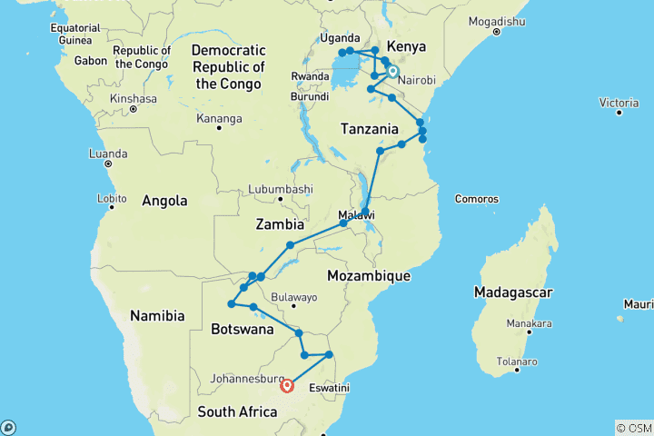 Map of Southern Trek Safari | 47 Days Overlanding From Nairobi To Johannesburg