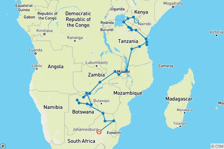 Map of Journey To The South | 38 Days Overlanding From Nairobi To Joburg