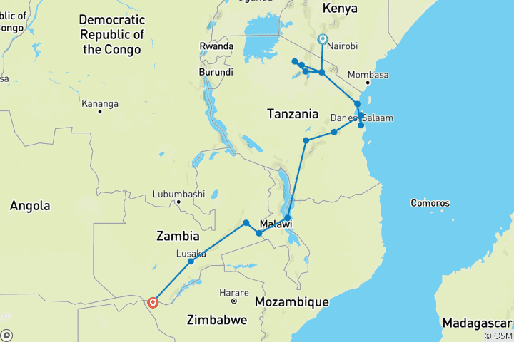 Map of Southern Discoverer Overlanding Tour | 22 Days Nairobi To Victoria Falls