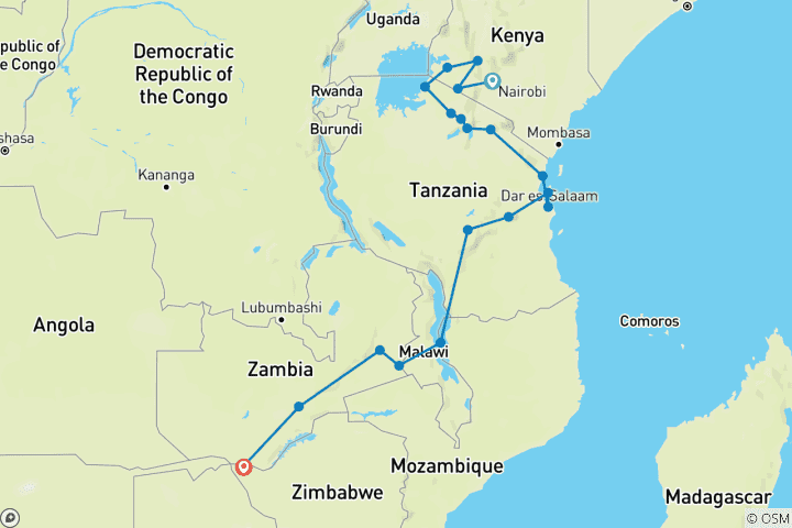 Map of Safari to the Falls | 27 Days Nairobi to Victoria Falls