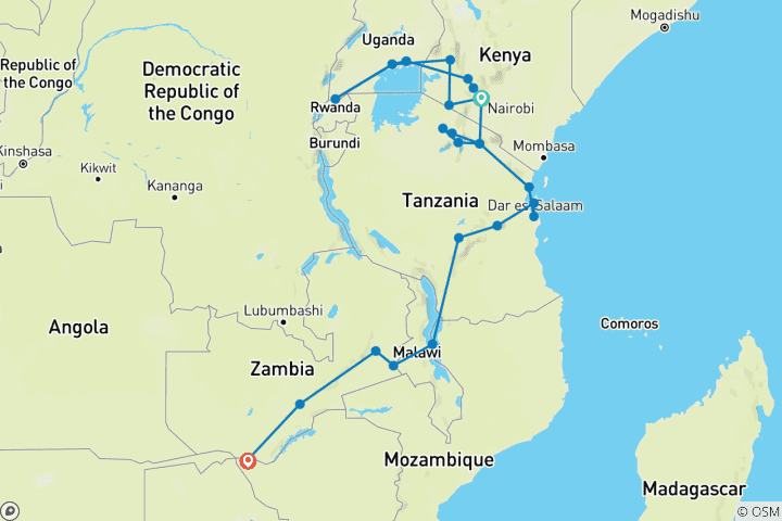 Map of Nairobi to Victoria Falls 36 Days Camping