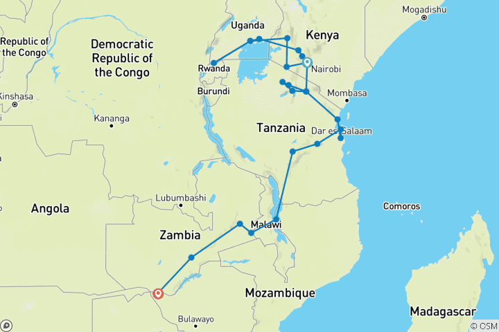 Map of Gorillas & Southern Discoverer | 36 Days Nairobi to Victoria Falls