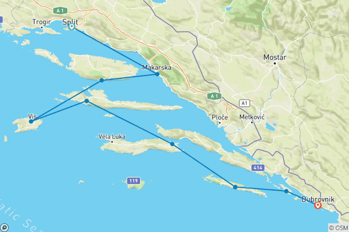 Carte du circuit Adriatic Explorer de Split Premium - 8 jours