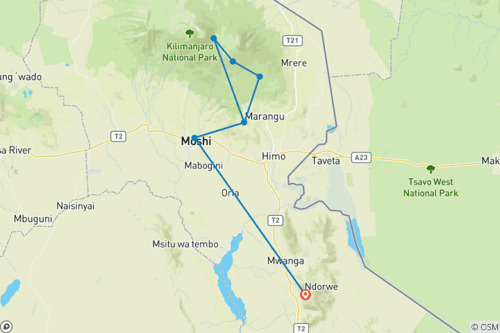 Karte von Kilimandscharo Besteigung über die Marangu Route - 5 Tage