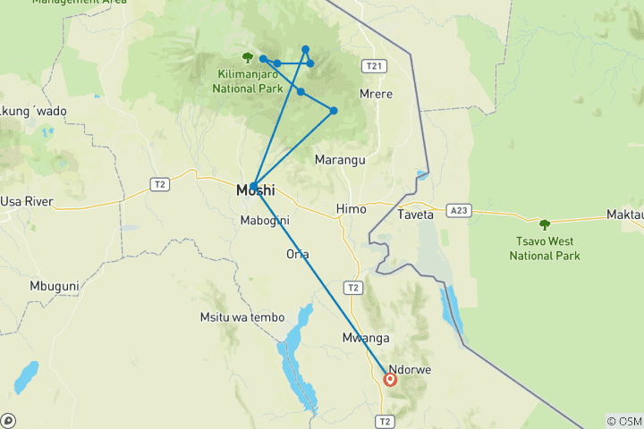 Carte du circuit Ascension du Kilimandjaro par la route de Rongai 7 jours*Tout l'hébergement et les transferts sont inclus*.