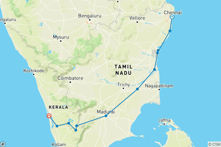 Map of Southern India Coast to Coast Ride