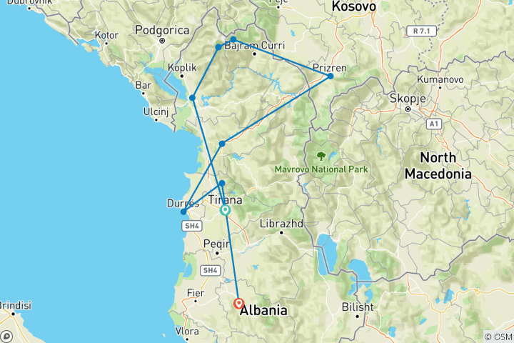 Carte du circuit Marcher en Albanie