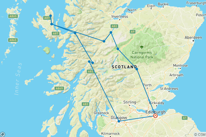 Carte du circuit Skye, les Highlands et le Loch Ness - au départ d'Édimbourg