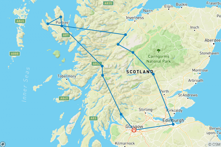 Map of Skye, The Highlands & Loch Ness - from Glasgow