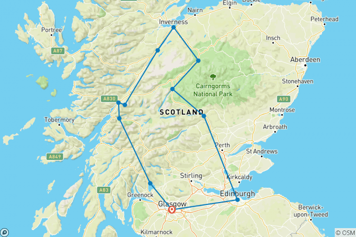 Kaart van Loch Ness, Inverness & de Hooglanden - vanuit Glasgow