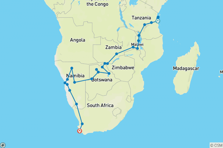 Carte du circuit 34 jours de Zanzibar au Cap - Camping