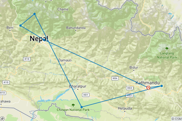 Map of Annapurna Comfort Trek Combined Rafting, Jungle Safari and Nagarkot Tour