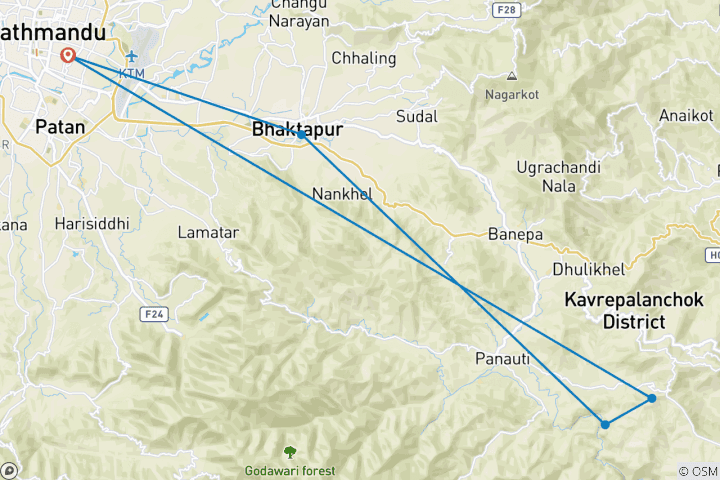 Mapa de Circuito a Katmandú Mandala combinada senderismo en el pueblo de Balthali