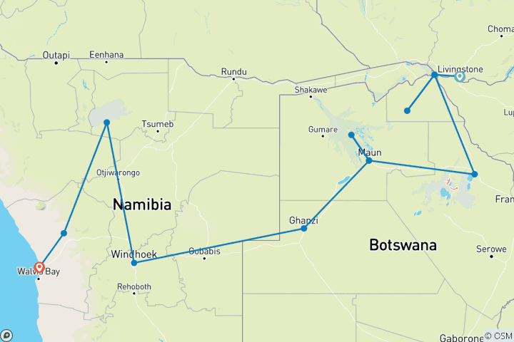 Map of 12-day Okavango Delta & Etosha Express (Camping)