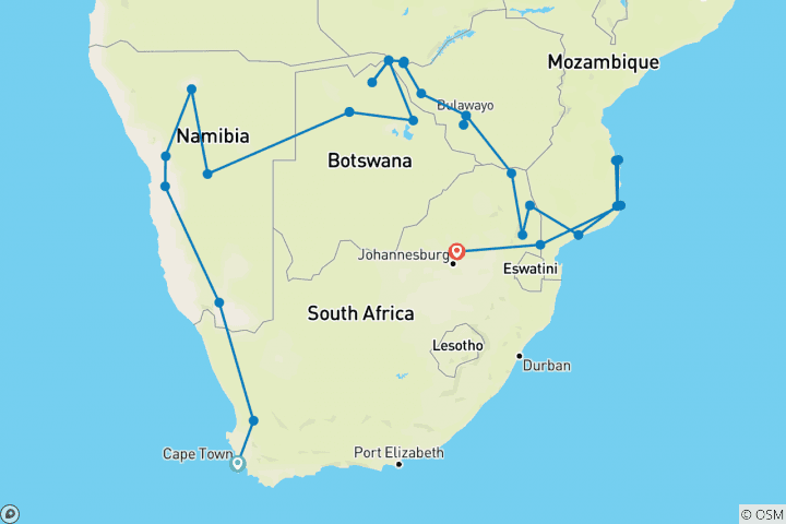 Karte von Von Kapstadt nach Victoria Falls und Mosambik (Camping) - 33 Tage