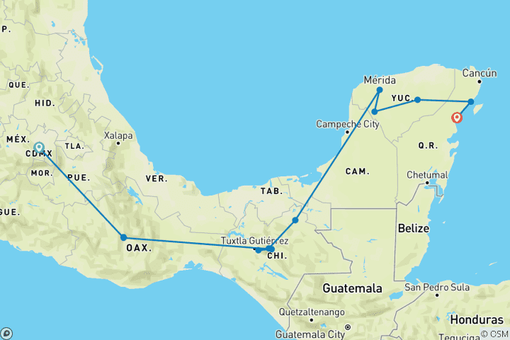 Carte du circuit Le vrai Mexique (from Mexico to Tulum)