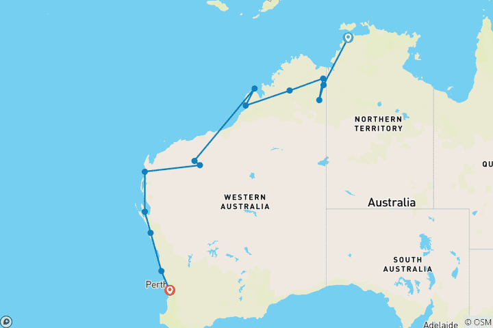 Map of Darwin to Perth Overland