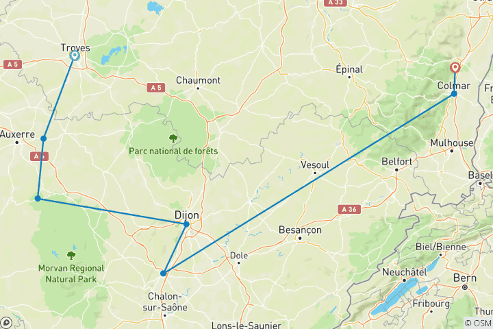 Carte du circuit Découvrez la Bourgogne et l'Alsace - Premium Adventure