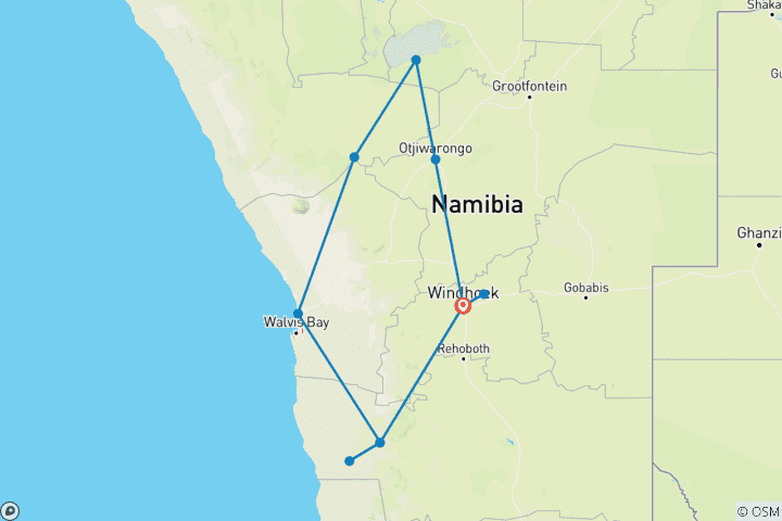 Map of 7 Day Namibian Highlights Accommodated Safari