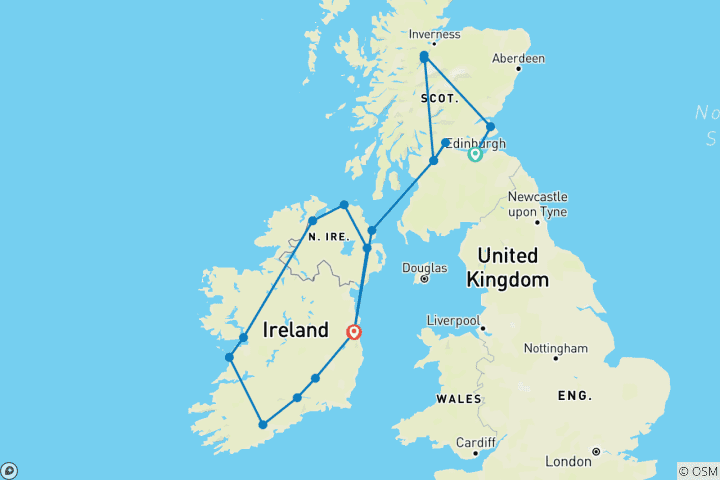 Map of Scotland and Ireland (Classic, Summer, 13 Days) (18 destinations)