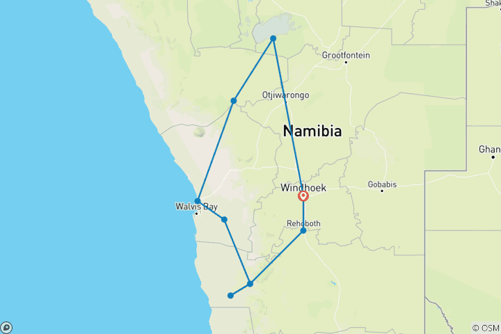 Map of 6 Day Dunes & Wildlife Accommodated Safari