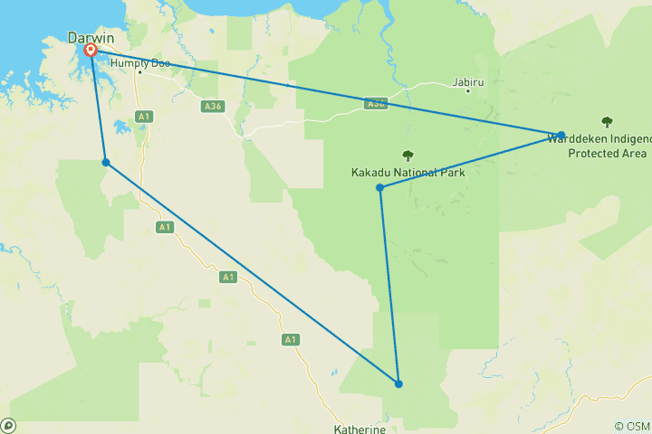Map of Kakadu Tour with Arnhem Land, Katherine & Litchfield