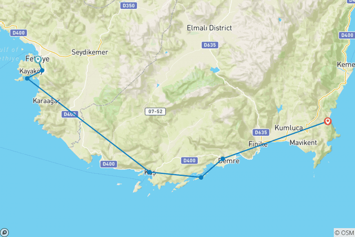 Map of Fethiye to Olympos 4 day/3 night cruise