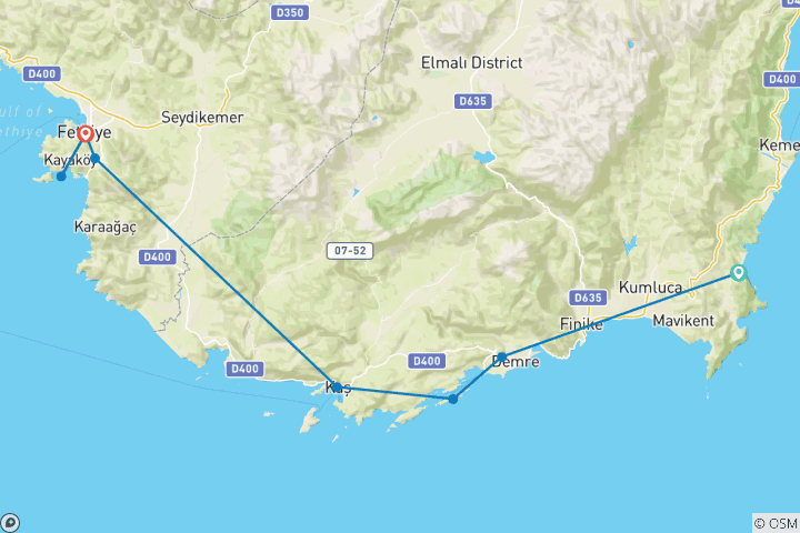 Map of Olympos to Fethiye 4 day/3 night cruise