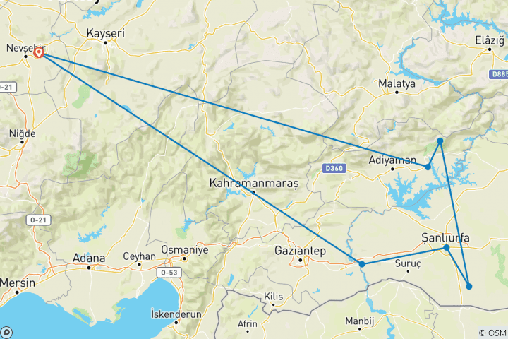 Map of Private Mount Nemrut and Harran 3 day Tour from Cappadocia