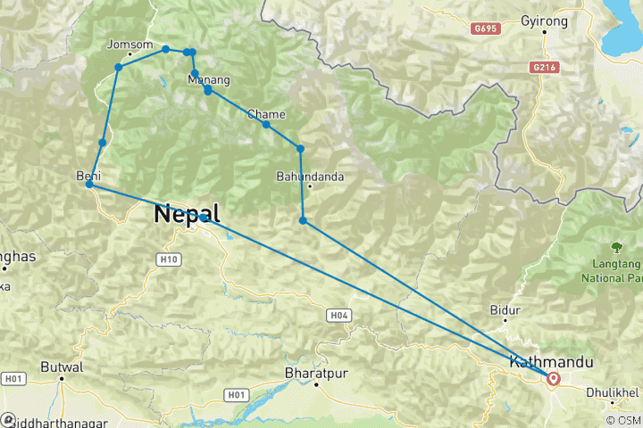 Map of Annapurna Circuit Biking