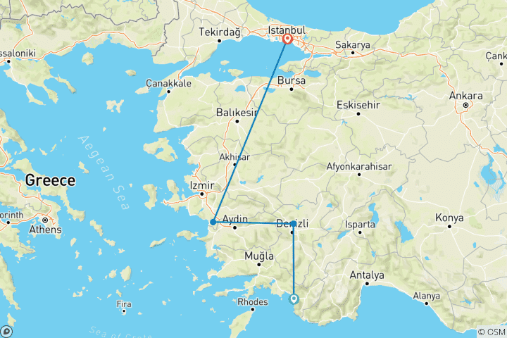 Karte von Fethiye nach Istanbul über Pamukkale und Ephesus - 6 Tage