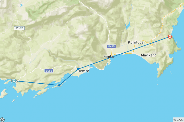 Map of Kas to Olympos 3 day/2 night cruise