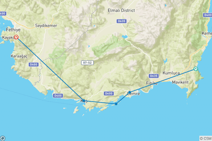 Kaart van Van Olympos naar Oludeniz - cruise van 3 dagen / 2 nachten