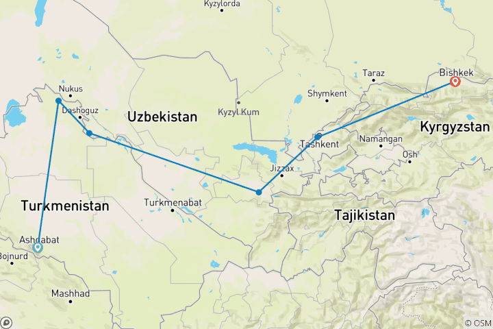 Kaart van Ashgabat naar Bishkek (30 dagen)