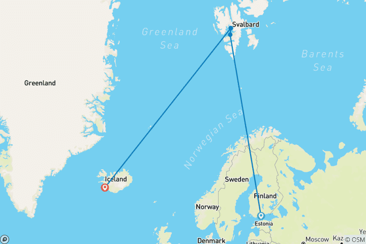 Map of Spitsbergen, East Greenland and Iceland - Southbound