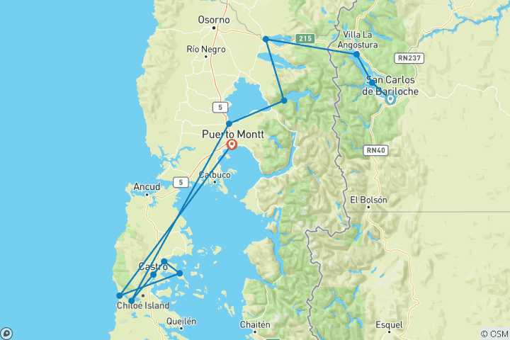 Map of Bicycling Patagonia's Lakes District Plus! The Island of Chiloé